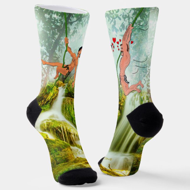 SlipperyJoe's two hairy men kissing hearts cartoon Socks (Angled)