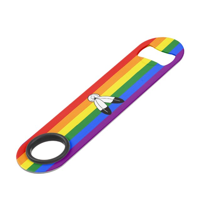 SlipperyJoe's two-spirit pride flag Indigenous sym (Back Angled)
