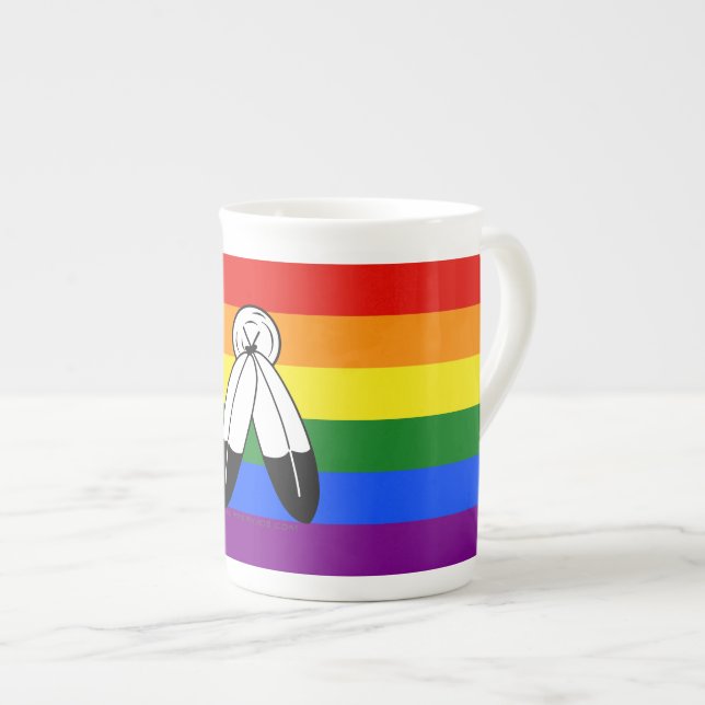 SlipperyJoe's two-spirit pride flag Indigenous sym Bone China Mug (Front Right)