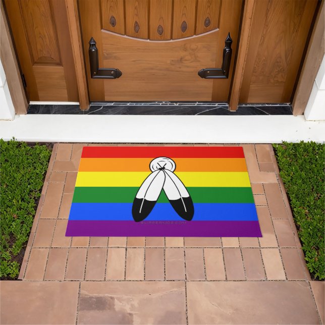 SlipperyJoe's two-spirit pride flag Indigenous sym Doormat (Outdoor)