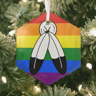 SlipperyJoe's two-spirit pride flag Indigenous sym Glass Tree Decoration