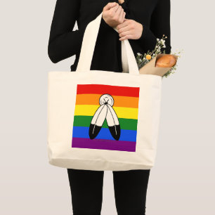 SlipperyJoe's two-spirit pride flag Indigenous sym Large Tote Bag