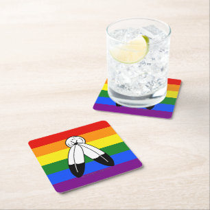 SlipperyJoe's two-spirit pride flag Indigenous sym Square Paper Coaster