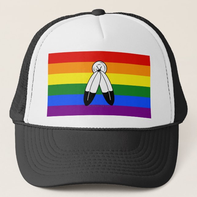 SlipperyJoe's two-spirit pride flag Indigenous sym Trucker Hat (Front)