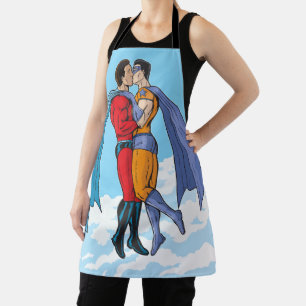 Slipperyjoe's two superheroes kissing characters f apron