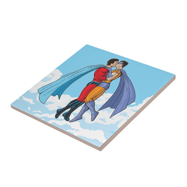Slipperyjoe's two superheroes kissing characters f ceramic tile (Side)