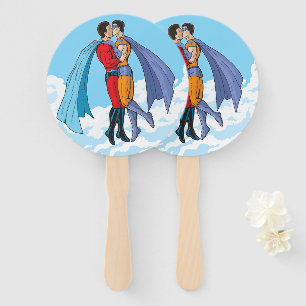 Slipperyjoe's two superheroes kissing characters f hand fan