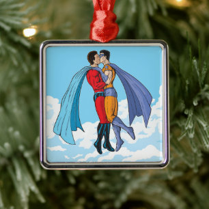 Slipperyjoe's two superheroes kissing characters f metal ornament