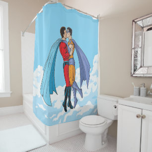 Slipperyjoe's two superheroes kissing characters f shower curtain