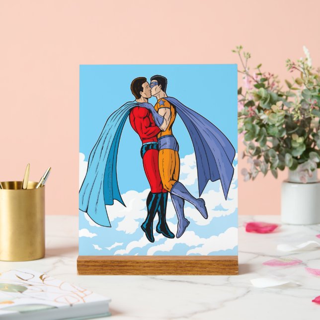 SlipperyJoe's two superheroes kissing flying carto Acrylic Sign (Wedding)