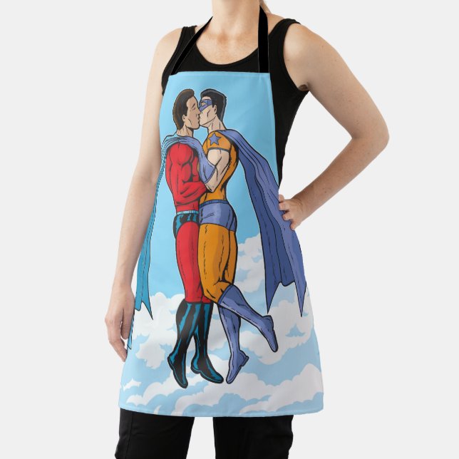 SlipperyJoe's two superheroes kissing flying carto Apron (Insitu)