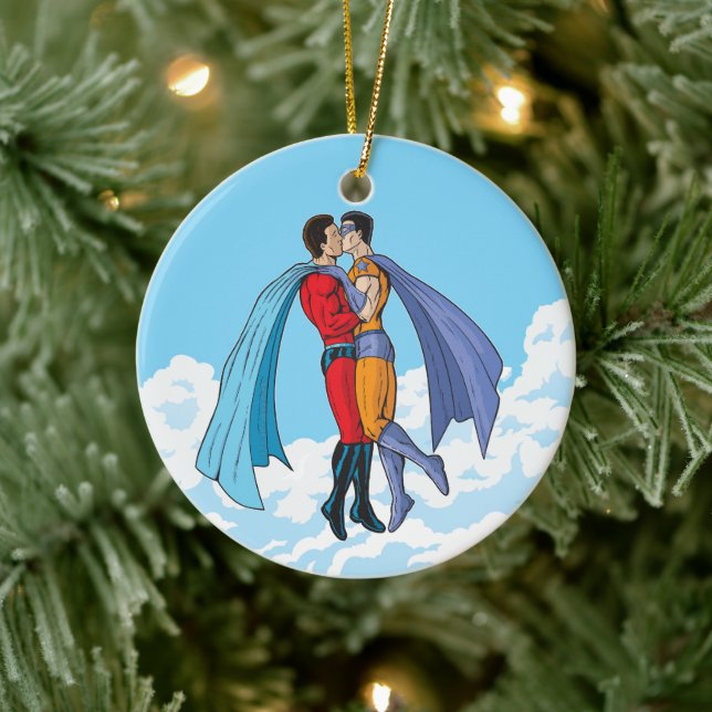 SlipperyJoe's two superheroes kissing flying carto Ceramic Ornament (Tree)