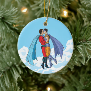 SlipperyJoe's two superheroes kissing flying carto Ceramic Ornament