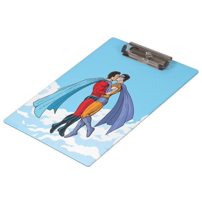 SlipperyJoe's two superheroes kissing flying carto Clipboard (Angled)