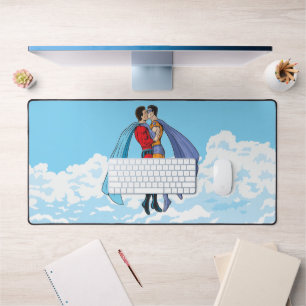 SlipperyJoe's two superheroes kissing flying carto Desk Mat