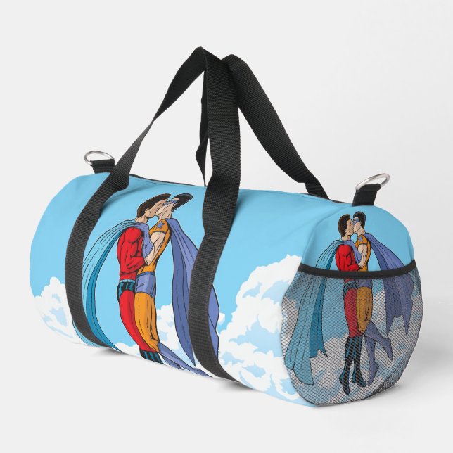 SlipperyJoe's two superheroes kissing flying carto Duffle Bag (Right Corner)