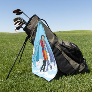 SlipperyJoe's two superheroes kissing flying carto Golf Towel