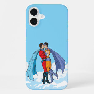 SlipperyJoe's two superheroes kissing flying carto iPhone 16 Plus Case