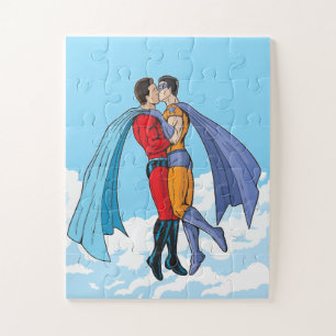 SlipperyJoe's two superheroes kissing flying carto Jigsaw Puzzle
