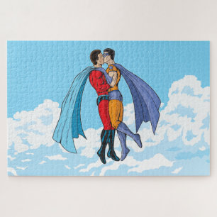 SlipperyJoe's two superheroes kissing flying carto Jigsaw Puzzle