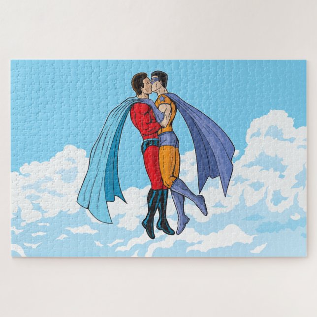 SlipperyJoe's two superheroes kissing flying carto Jigsaw Puzzle (Horizontal)