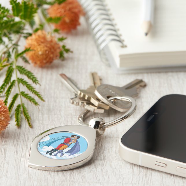 SlipperyJoe's two superheroes kissing flying carto Key Ring (Side)