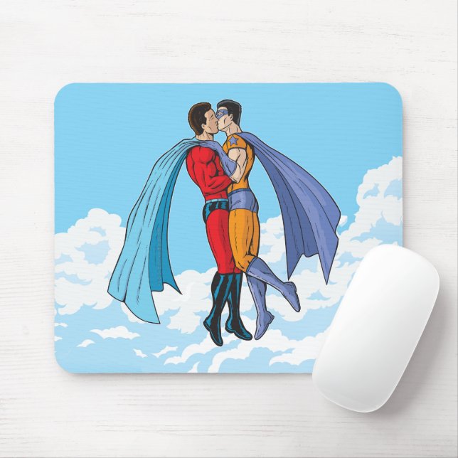 SlipperyJoe's two superheroes kissing flying carto Mouse Pad (With Mouse)