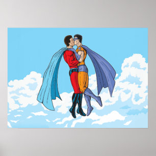 SlipperyJoe's two superheroes kissing flying carto Poster