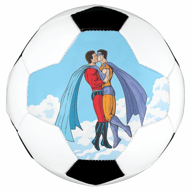 SlipperyJoe's two superheroes kissing flying carto Soccer Ball (Front)