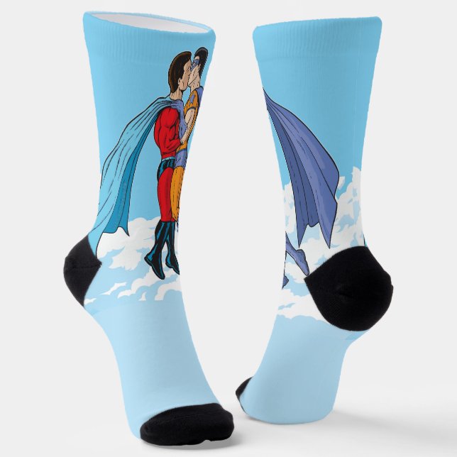 SlipperyJoe's two superheroes kissing flying carto Socks (Angled)