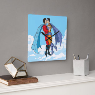 SlipperyJoe's two superheroes kissing flying carto Square Wall Clock