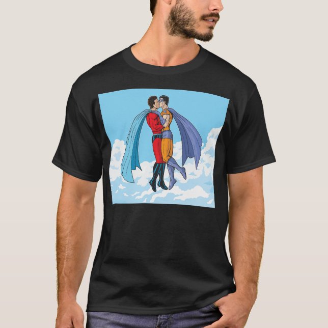 SlipperyJoe's two superheroes kissing flying carto T-Shirt (Front)