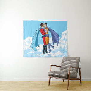 SlipperyJoe's two superheroes kissing flying carto Tapestry