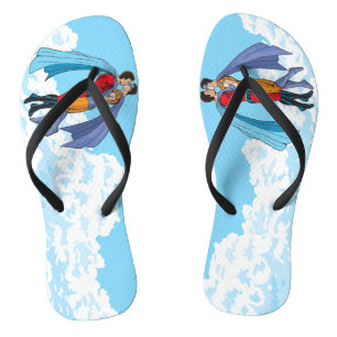 SlipperyJoe's two superheroes kissing flying carto Thongs