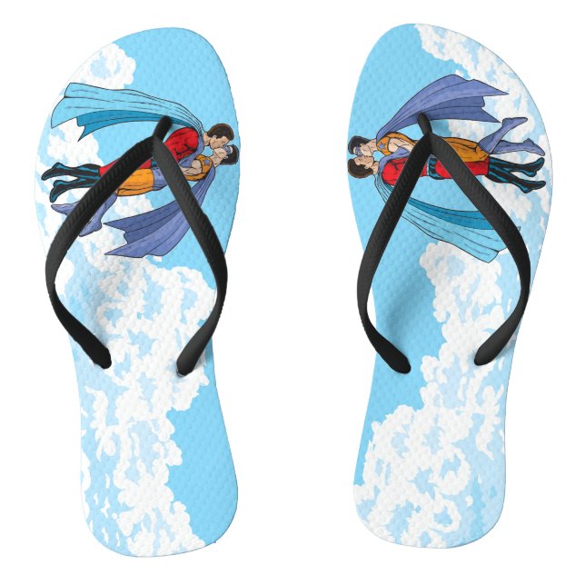 SlipperyJoe's two superheroes kissing flying carto Thongs (Footbed)