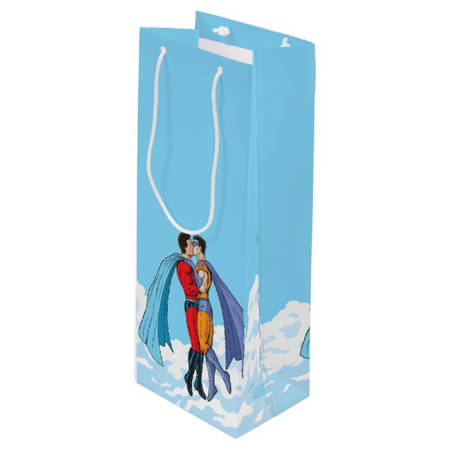 SlipperyJoe's two superheroes kissing flying carto Wine Gift Bag (Front Angled)