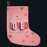 SlipperyJoe's Valentine's Day gifts romantic tone  Small Christmas Stocking<br><div class="desc">SlipperyJoe's Valentine's Day gifts romantic tone scattered heart shapes expressing love appreciation uplifting inclusive and affectionate tone vibrant celebratory graphic warmth affection soft pink canvas background you are loved text LGBTQIA white letters red outlines shadow artistic three-dimensional standout effect playful 3D-elements bold typography</div>