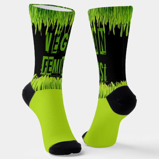 SlipperyJoe's Vegan feminist grass word block lett Socks (Angled)