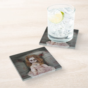 SlipperyJoe's vintage haunted porcelain doll creep Glass Coaster
