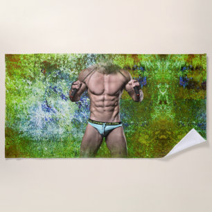 SlipperyJoe's white muscular sexy man speedo black Beach Towel