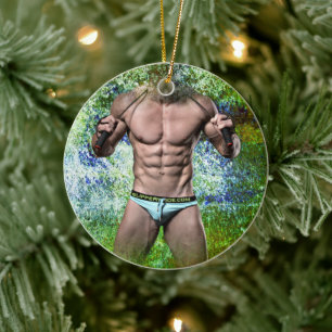 SlipperyJoe's white muscular sexy man speedo black Ceramic Ornament