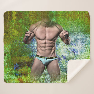 SlipperyJoe's white muscular sexy man speedo black Sherpa Blanket