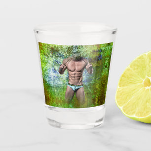 SlipperyJoe's white muscular sexy man speedo black Shot Glass