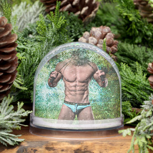SlipperyJoe's white muscular sexy man speedo black Snowglobe