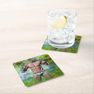 SlipperyJoe's white muscular sexy man speedo black Square Paper Coaster
