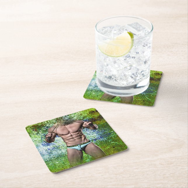 SlipperyJoe's white muscular sexy man speedo black Square Paper Coaster (Insitu)