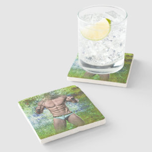 SlipperyJoe's white muscular sexy man speedo black Stone Coaster