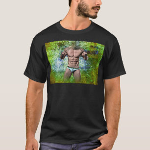 SlipperyJoe's white muscular sexy man speedo black T-Shirt