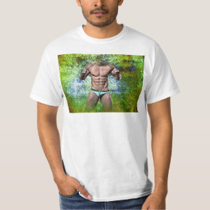 SlipperyJoe's white muscular sexy man speedo black T-Shirt