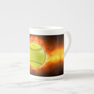 SlipperyJoe's yellow softball fireball flames rasp Bone China Mug